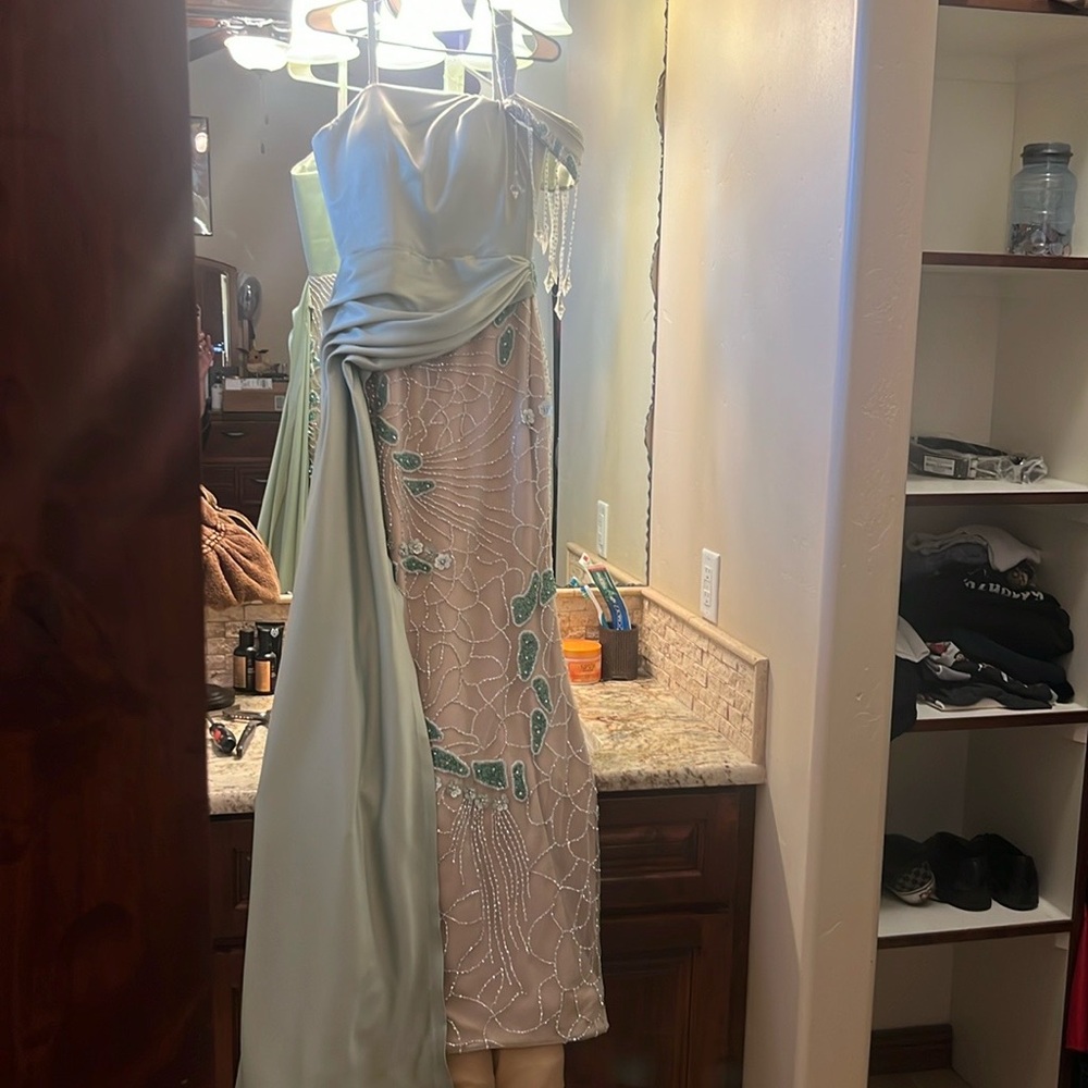 Beautiful custom made Tabja gown sage green with side skirt size4-6
